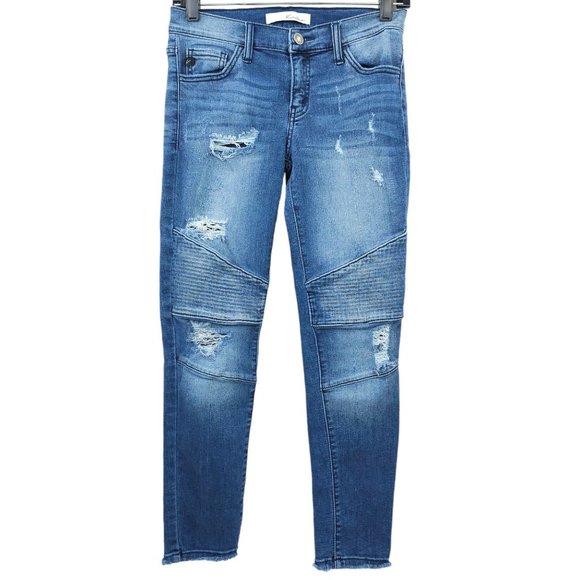 Kancan Moto Jeans Capri Distressed Stretch Frayed Hem Size 5 / 26 LowRise Skinny - Picture 1 of 12